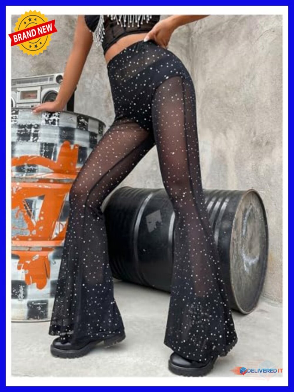 Sequin Flare See Through Mesh Bell Bottom Pants High Waist Rave Party - Picture 3 of 4